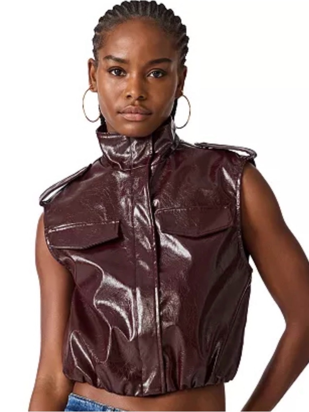 Steve Madden Glossy Burgundy Faux Leather Zip-Up Vest